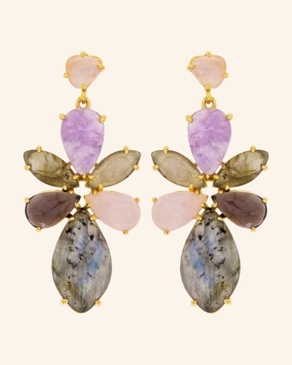 Pendientes Fauno con labradorita, amatista, cuarzo rosa y fumé